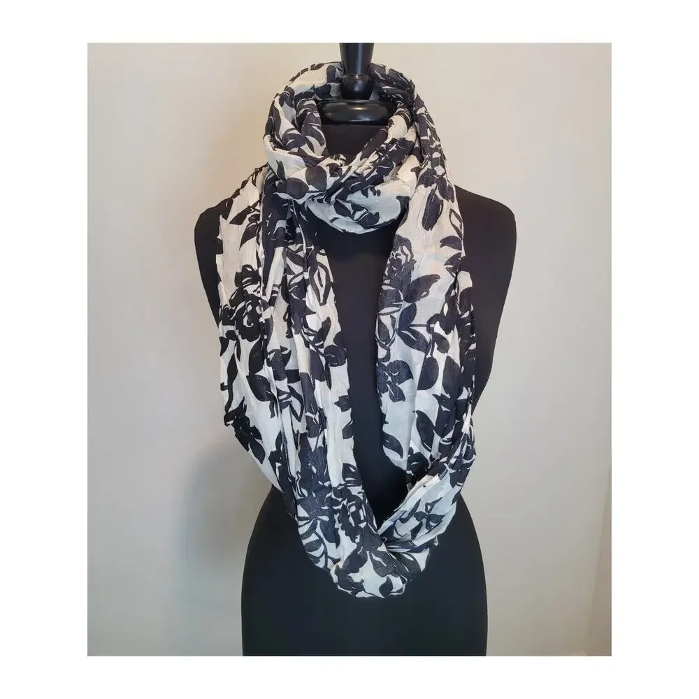 Big Buddha Floral Infinity Scarf Black White Botanical Boho Layering Minimalist